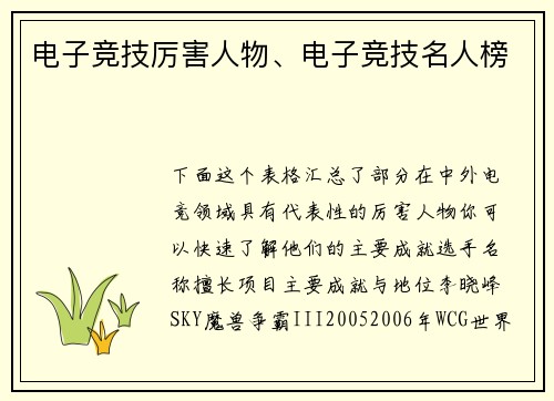 电子竞技厉害人物、电子竞技名人榜